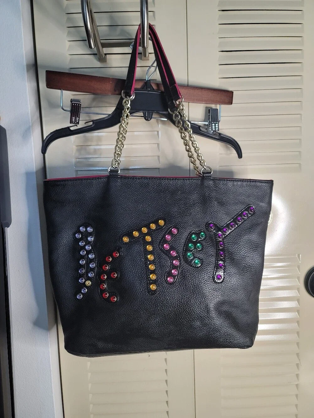 Vintage Betsey Johnson Rhinestone Logo Tote Black Leather Large Shoulder Bag Y2K